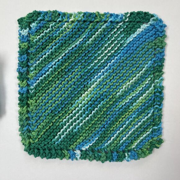 Hand Knit Dish Cloth Set of 2 Plus Scrubbie 100% Cotton Multicolor Green Yellow - Picture 4 of 7